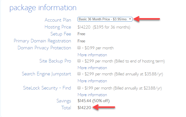bluehost package information