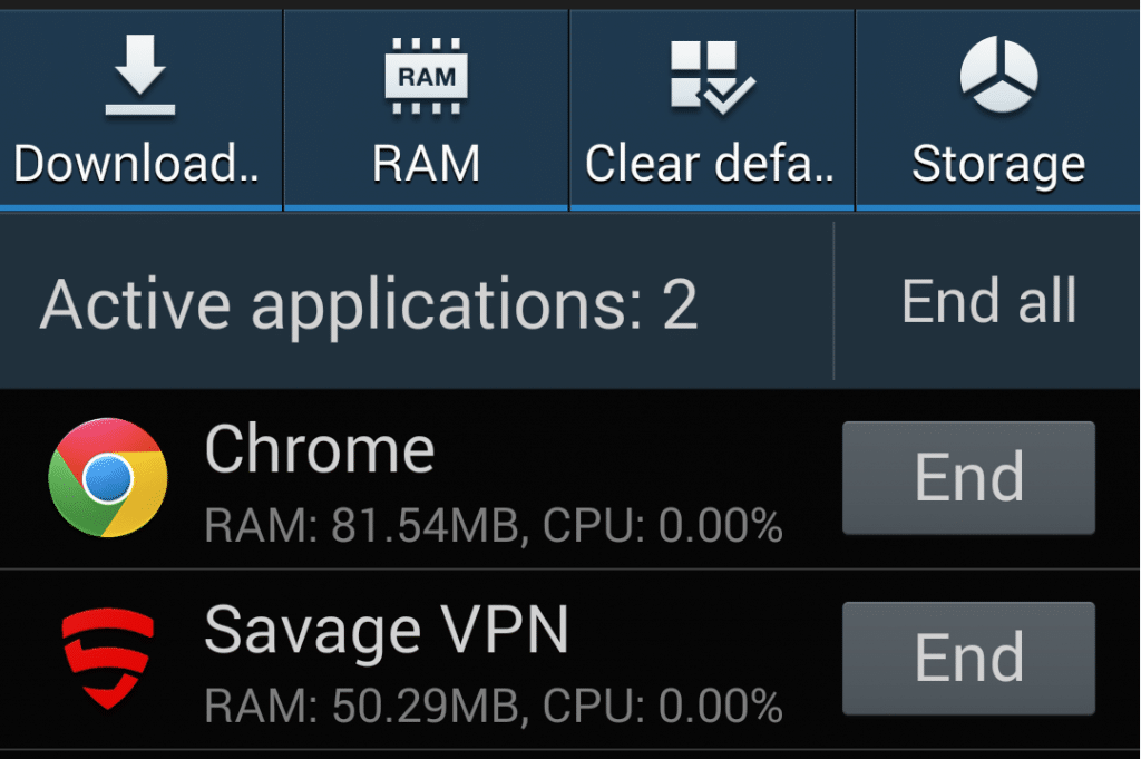 vpn note 3 ram and app usuage